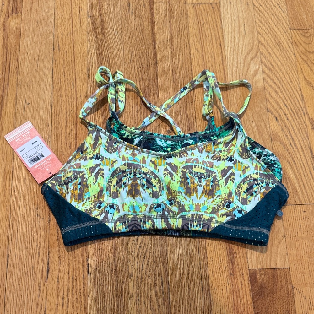 NWT Maaji Teal and Yellow Patterned Sports Bra Womens Large